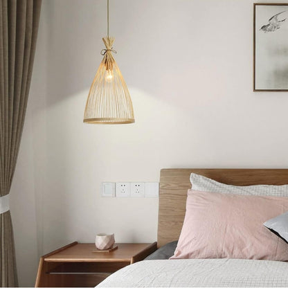 Rustic bamboo pendant light features handwoven design and soft warm glow