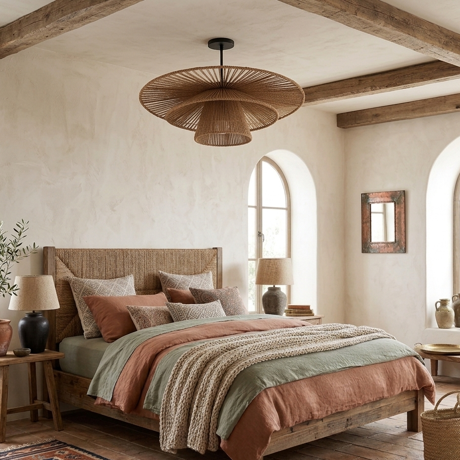 Rustic boho hemp hanging lamp, a trendy design piece for an eclectic and warm home interior.