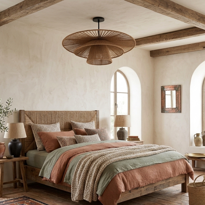 Rustic boho hemp hanging lamp, a trendy design piece for an eclectic and warm home interior.