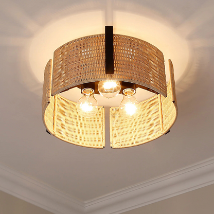 Rustic boho rattan cage light, a trendy design piece for an eclectic and warm home interior.