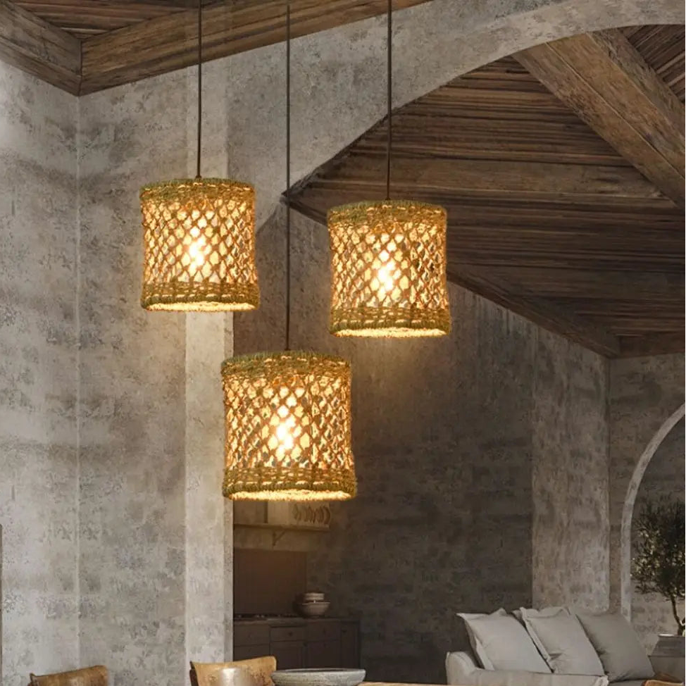 Rustic coastal style jute multi-light pendant, bringing a charming, natural ambiance to modern interiors.