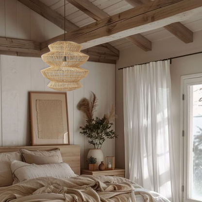 Rustic farmhouse style tiered woven pendant lamp for bedroom decor