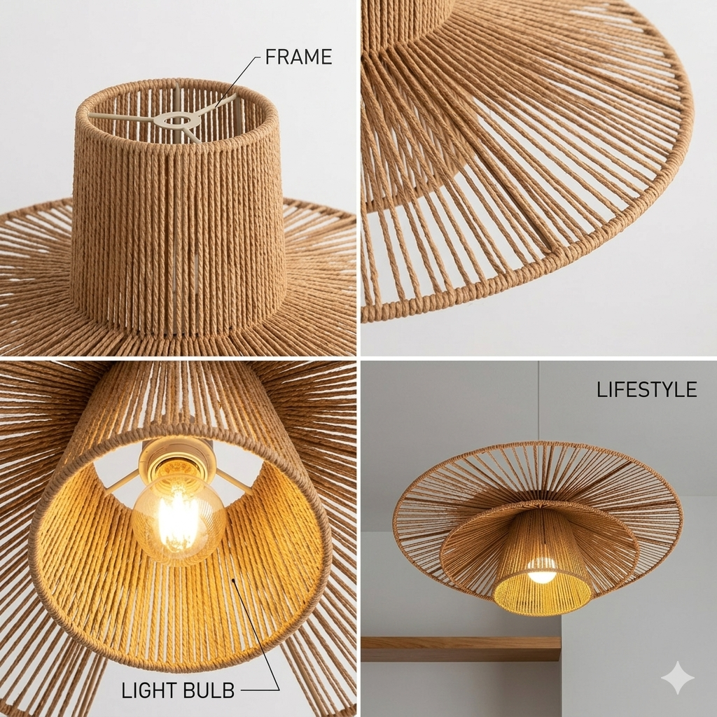 Rustic hemp flush mount light bringing authentic country style and natural warmth to a farmhouse kitchen.