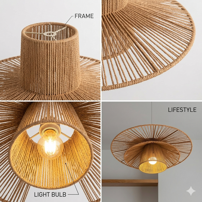 Rustic hemp flush mount light bringing authentic country style and natural warmth to a farmhouse kitchen.