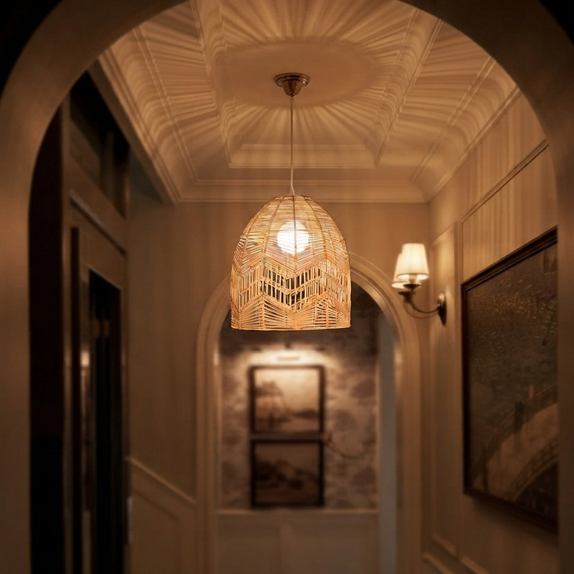 A welcoming rustic Rattanceiling lamp installed in a home entryway.

