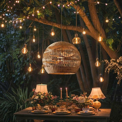 Romantic rustic rattan light hanging as a beautiful centerpiece in a garden wedding or special event venue.