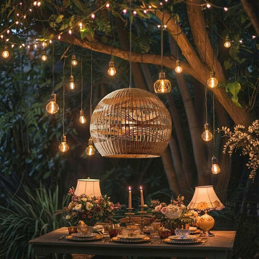 Romantic rustic rattan light hanging as a beautiful centerpiece in a garden wedding or special event venue.