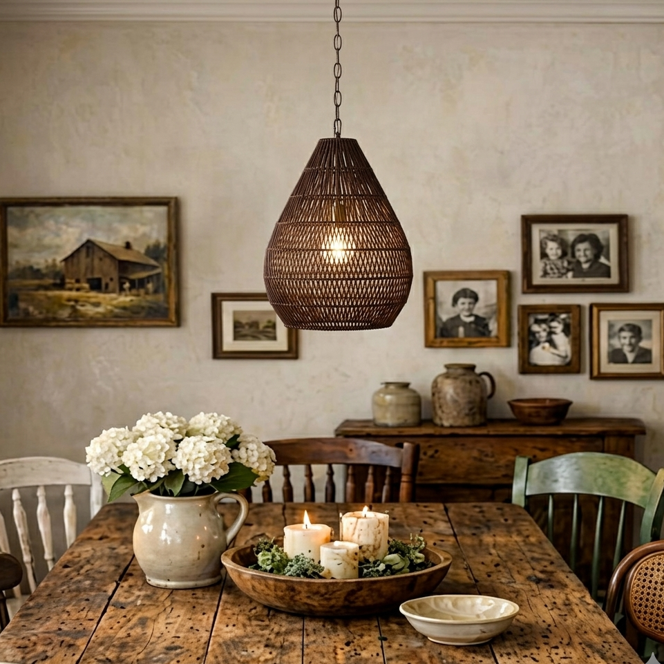Rustic rattan pendant light bringing authentic country style to a farmhouse-inspired kitchen.