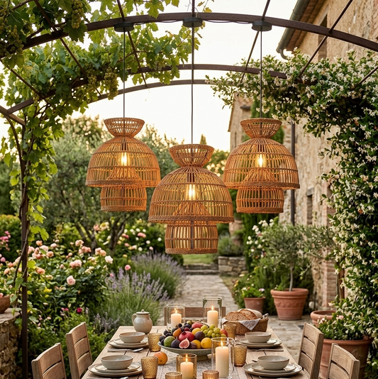 Rustic rattan tiered light for restaurant decor providing a curated dining atmosphere