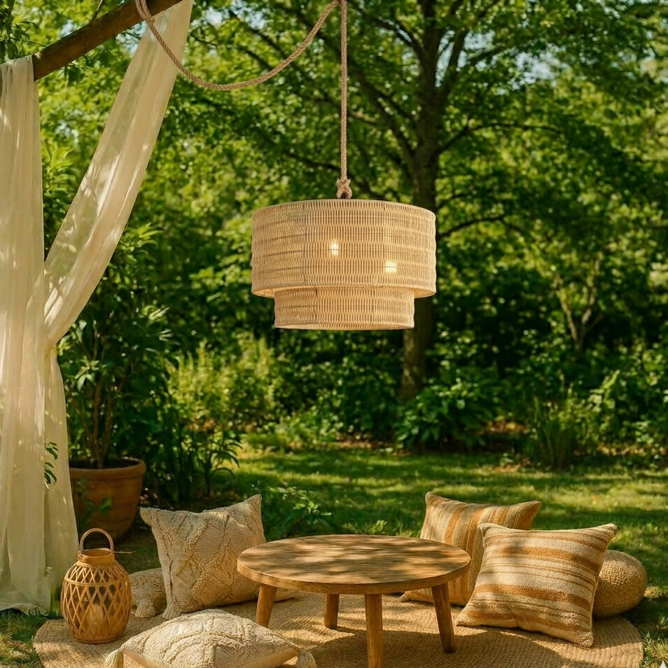 A beautiful rustic rattan light fixture hanging in a garden wedding setting, creating a romantic and soft atmosphere.