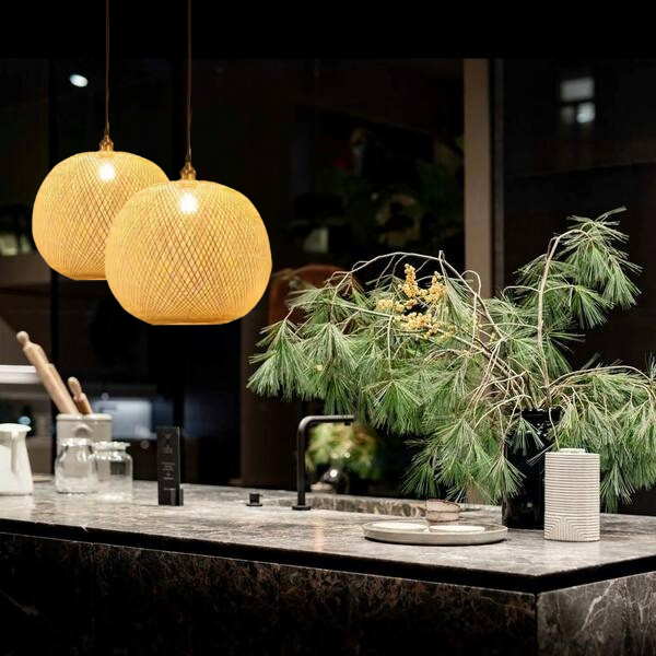 Rustic wicker ball ceiling light fixture ideal for kitchen island illumination