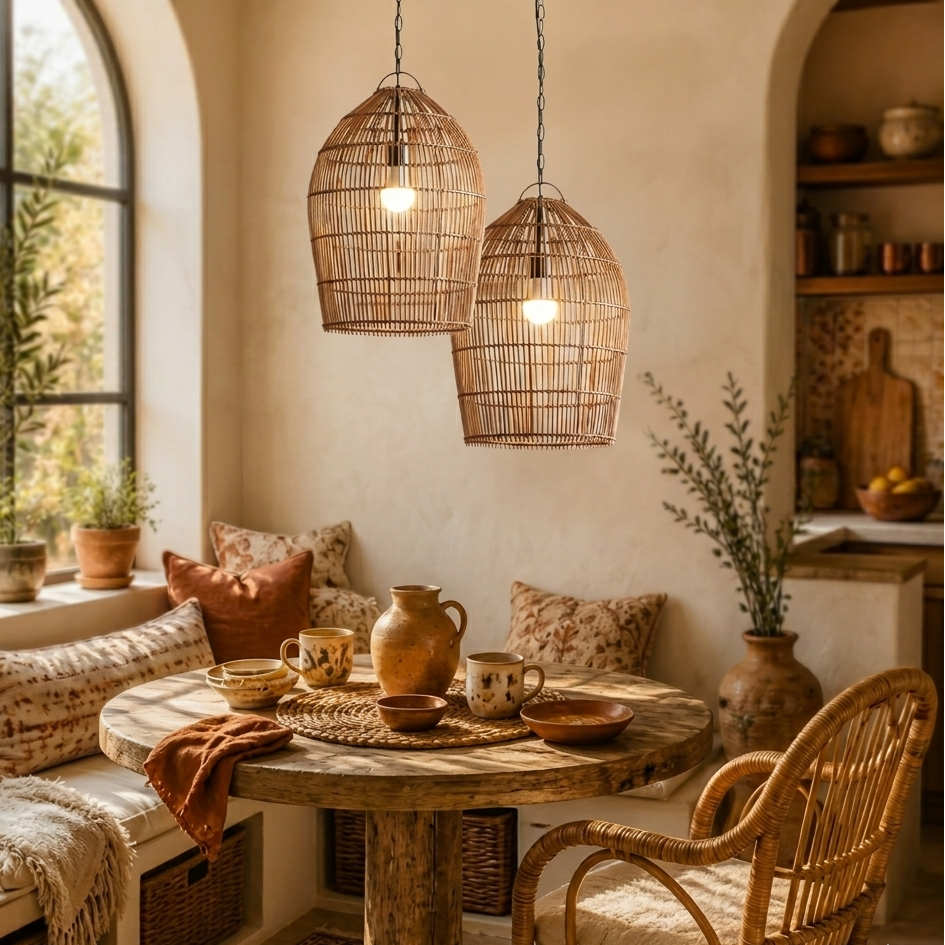 Rustic wicker ceiling light fixture perfect for cozy dining room ambiance