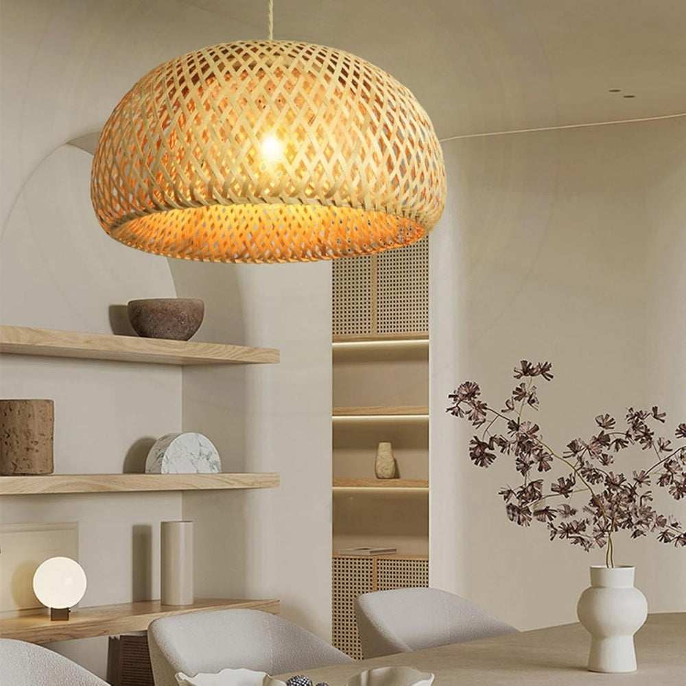 Rustic wicker rattan hanging ceiling lamp in living room