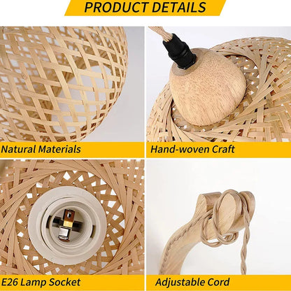 Woven lampshade with E26 lamp socket and adjustable cord on a white background