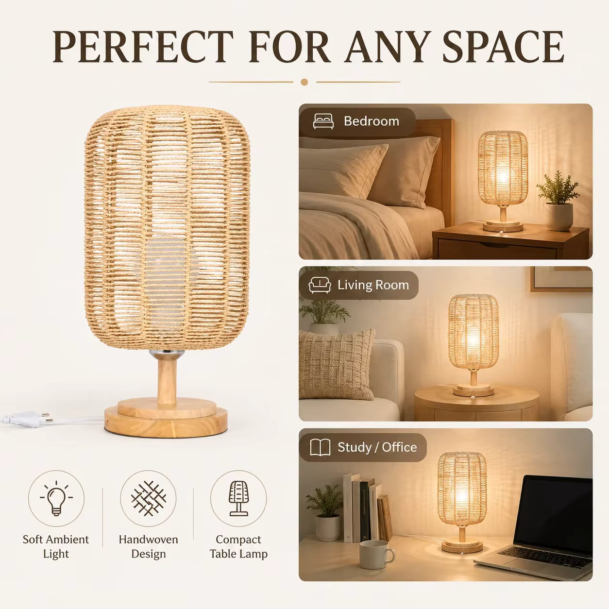 Handcrafted Natural Hemp Rope Table Lamp | Woven Wooden Base Desk Light