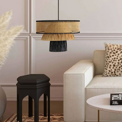 Scandi-boho multi-layer rattan chandelier for living room