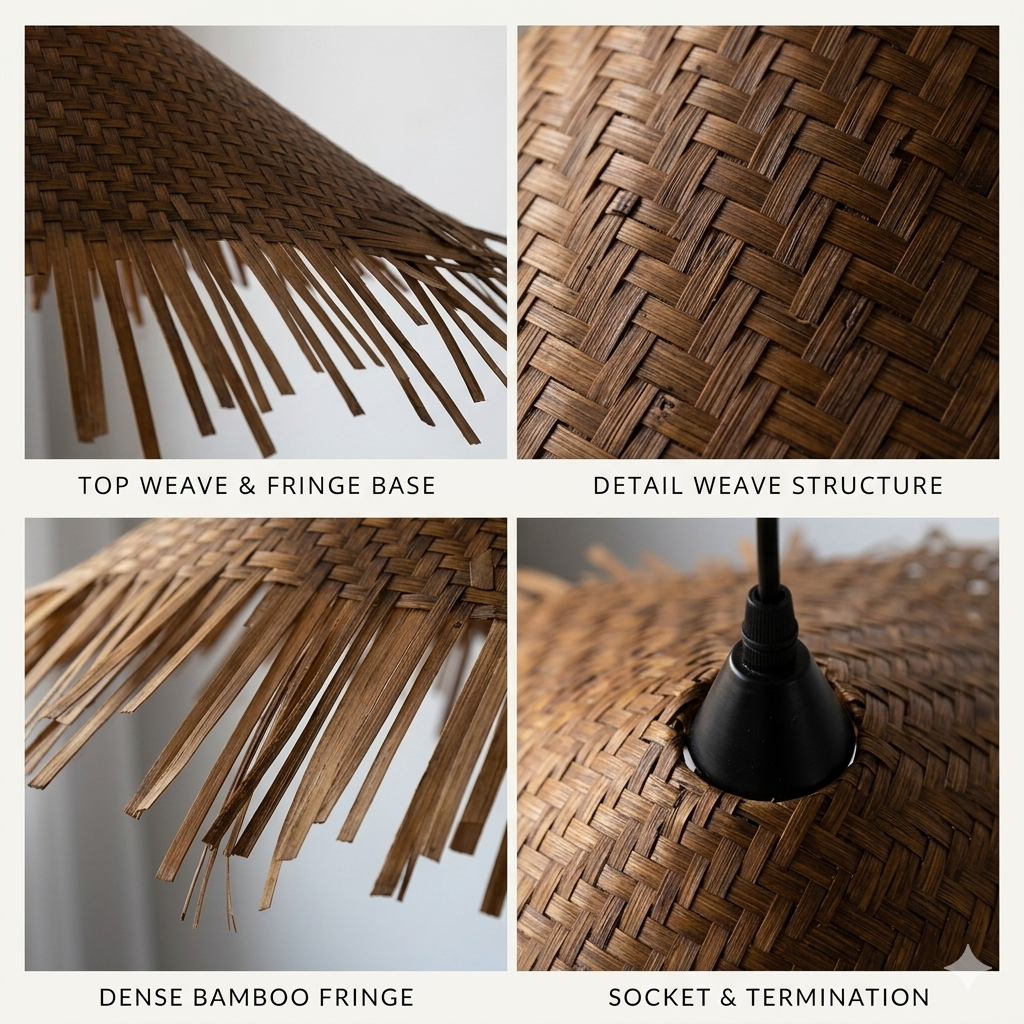 Modern Scandi-natural bamboo fringe pendant light, blending Nordic minimalism with warm organic fibers.