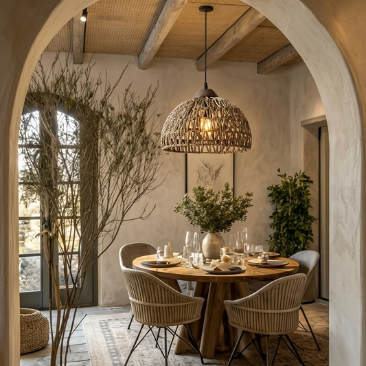Modern Scandi-natural seagrass dome pendant light, blending Nordic minimalism with warm organic fibers.