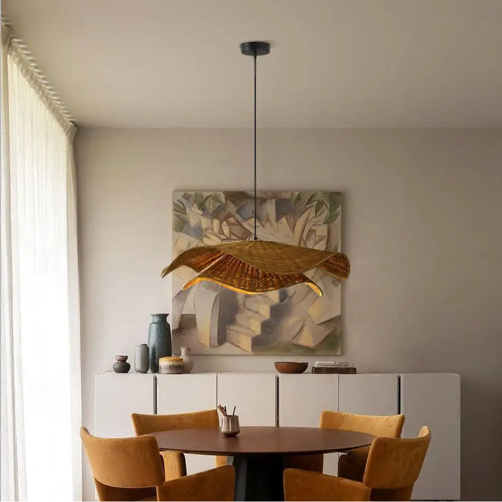 Modern Scandinavian pendant lamp, simple and stylish rattan fixture for homes, wave shape.
