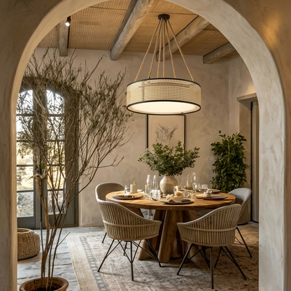 Sophisticated Scandinavian hand-woven rattan light enhancing the warmth and comfort of a modern dining room.