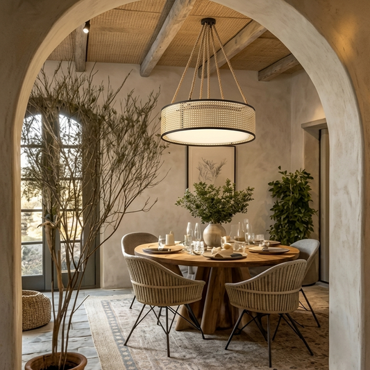 Sophisticated Scandinavian hand-woven rattan light enhancing the warmth and comfort of a modern dining room.