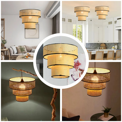 Minimalist Scandi-inspired rattan chandelier for a soft, warm light.