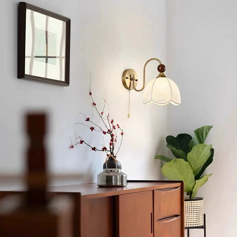 Vintage Floral Glass Wall Sconce - Classic Brass & Wood Accent Lamp