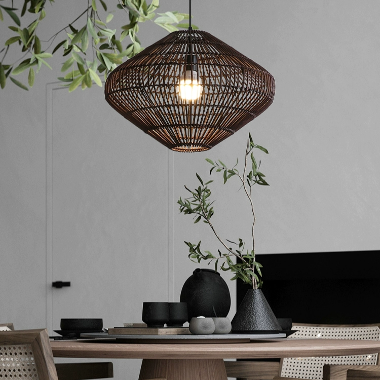 Nordic style dark rattan ceiling light, clean lines for Scandinavian minimalist decor.