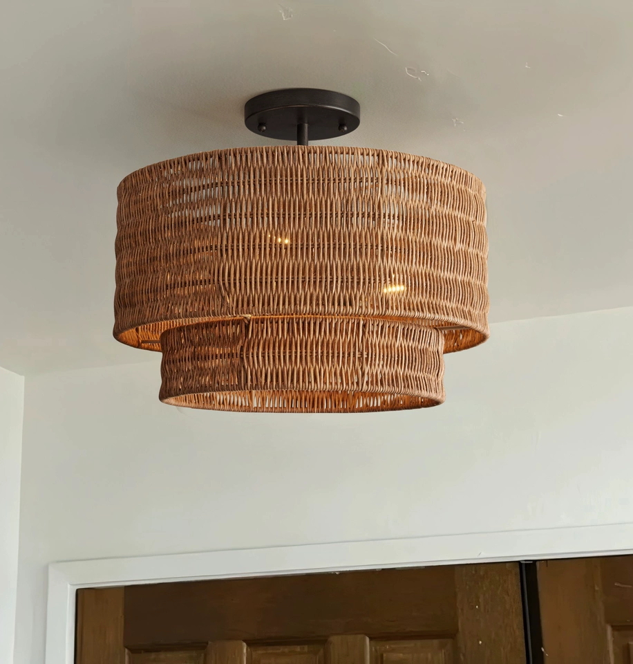 Scandinavian style rattan layered flush mount light reflecting simple and functional Nordic design.