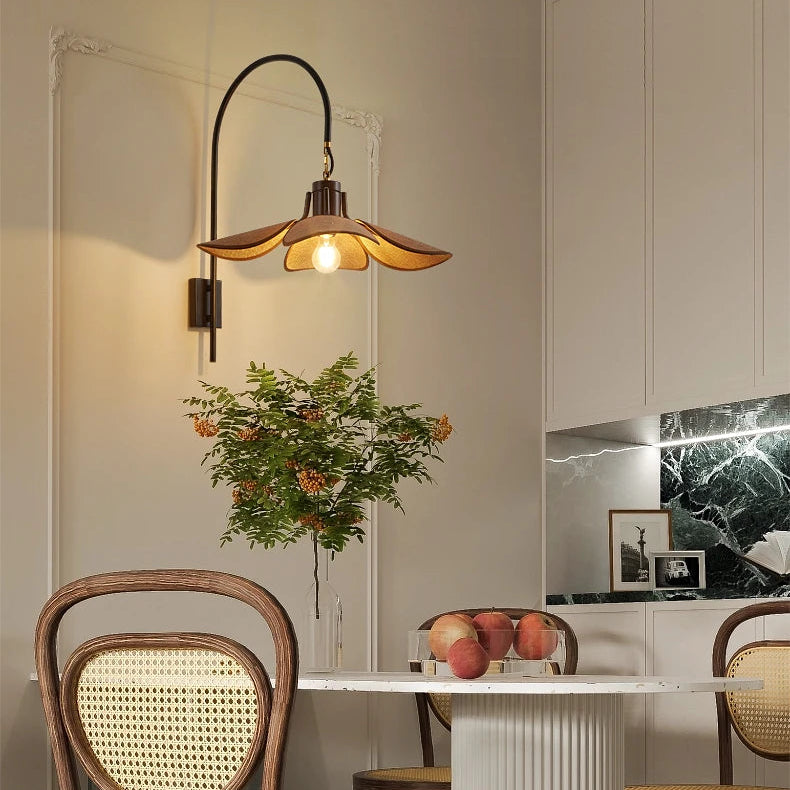 Scandinavian wabi-sabi hanging wood and fabric light for a minimalist kitchen