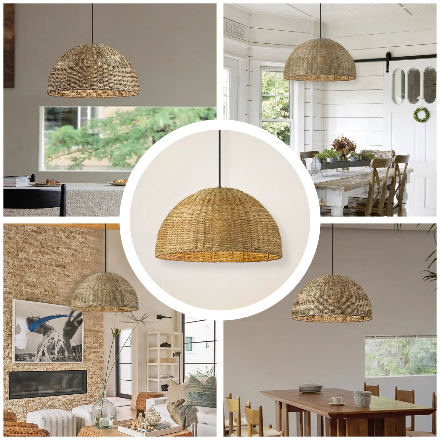 Scandinavian style pendant shade made with natural woven jute materials.