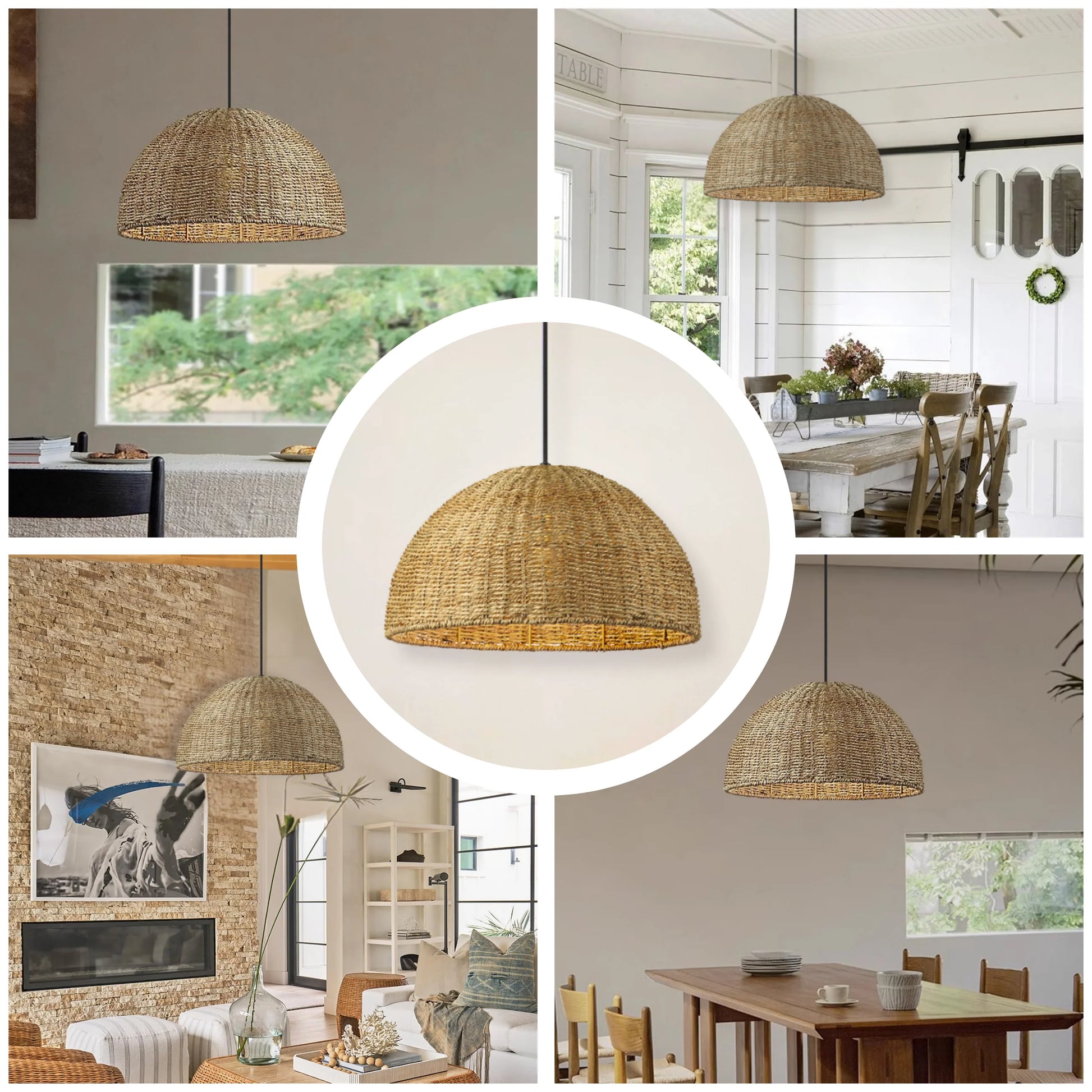 Scandinavian style pendant shade made with natural woven jute materials.