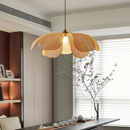 Sculptural layered rattan chandelier showcasing intricate woven grids and soft organic curves mimicking natural botanical forms.