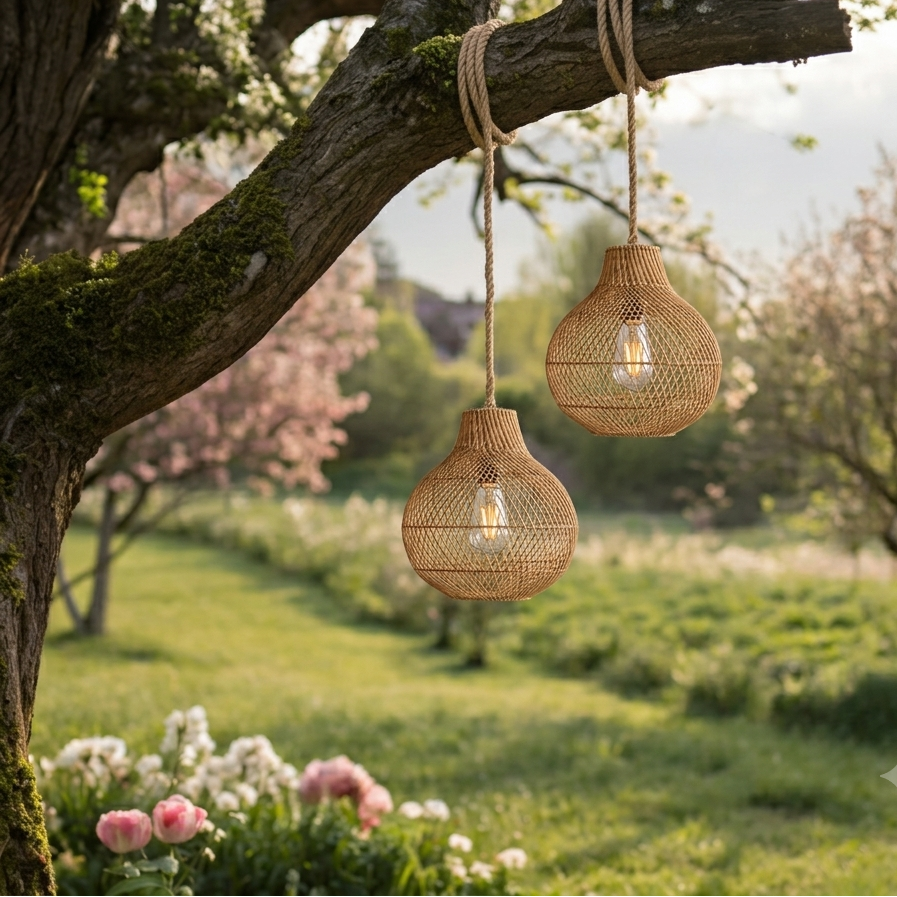 Outdoor garden patio lighting, rattan pendant lamp cluster for scenic home relaxation.