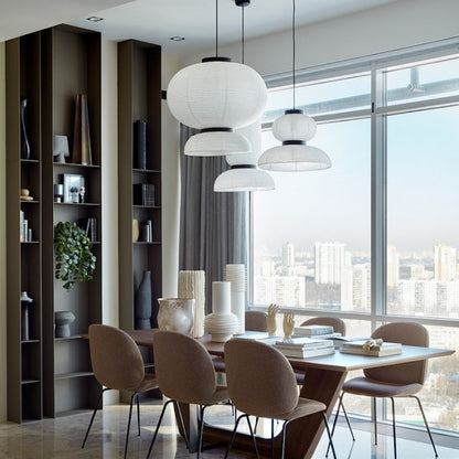 Sculptural Wabi-Sabi paper lantern set as a dining room centerpiece