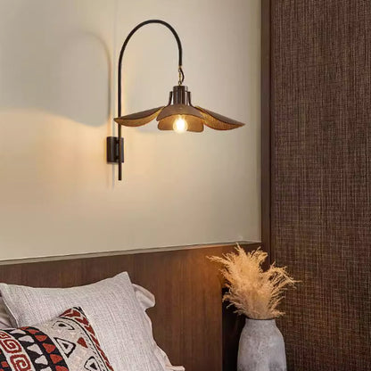 Sculptural mid-century modern wood and fabric wall lamp for artistic home interiors