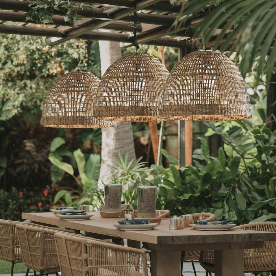Sculptural woven pendant lighting adding unique character to a commercial restaurant space.