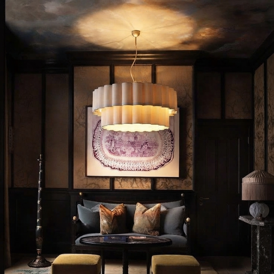 Sculptural lighting in handmade fabric, perfect for home offices, creating an inspiring and natural work environment.