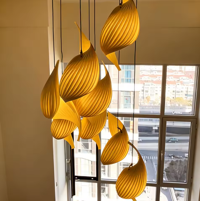 Sculptural lighting in modern wood style, ideal for restaurant decor, providing a warm, inviting atmosphere.