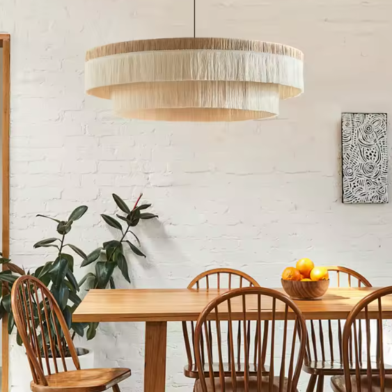Sculptural lighting featuring natural Raffia, ideal for a stylish restaurant, providing mood lighting for dining areas.