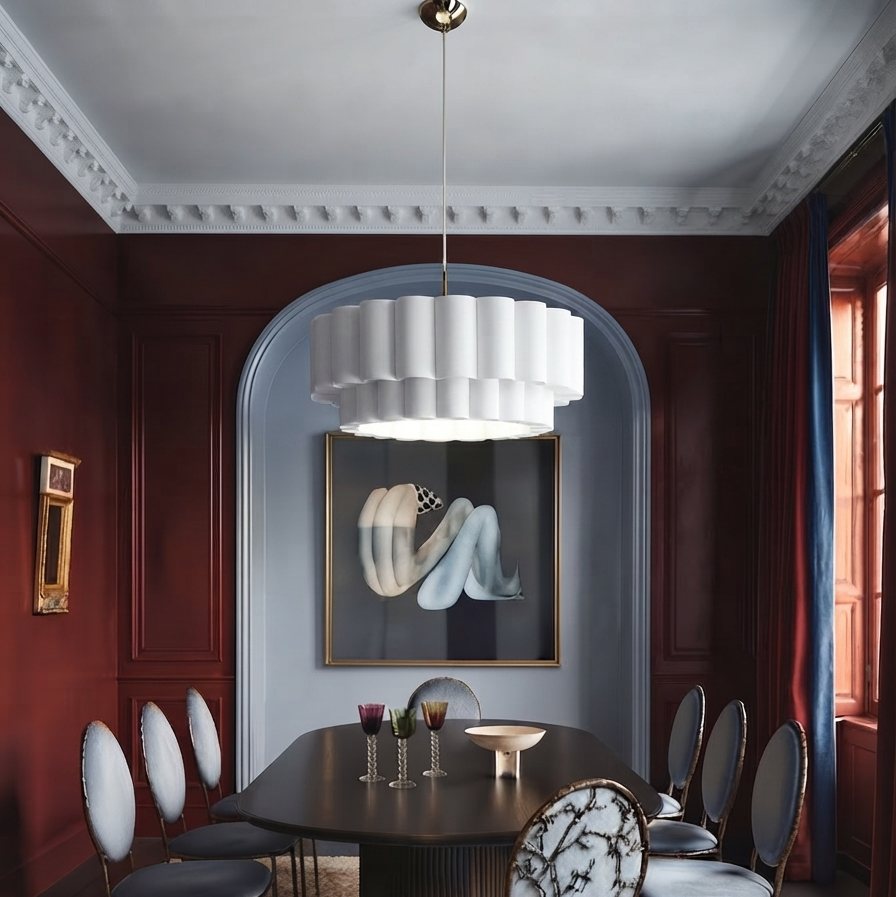 Sculptural lighting in quiet luxury style, crafted from premium fabric, ideal for a cozy home, offering refined mood lighting.