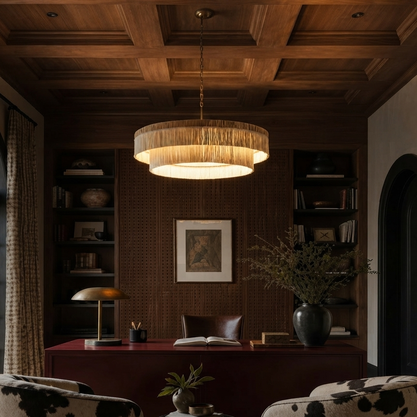 Sculptural lighting in quiet luxury style, crafted from premium Raffia, ideal for a cozy home, offering refined mood lighting.