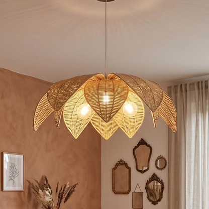 Sculptural lighting in quiet luxury style, crafted from premium rattan leaves, ideal for a cozy home, offering refined mood lighting.