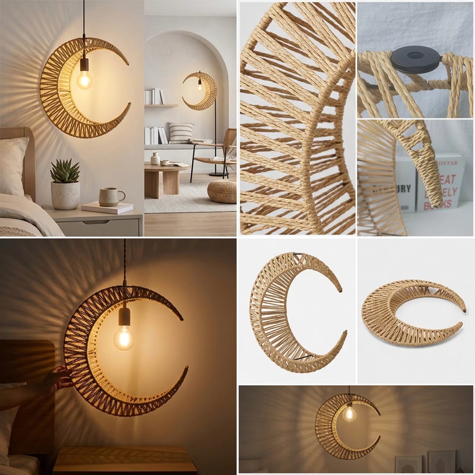 Bedroom nightstand hanging moon-shaped lamp delivering soft bedtime reading light.