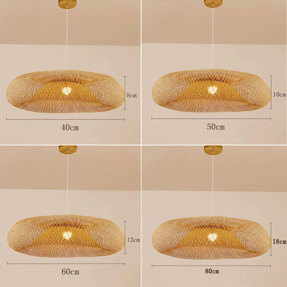 Shallow bowl rattan pendant light with a hollow bottom profile showing intricate split-bamboo framework..