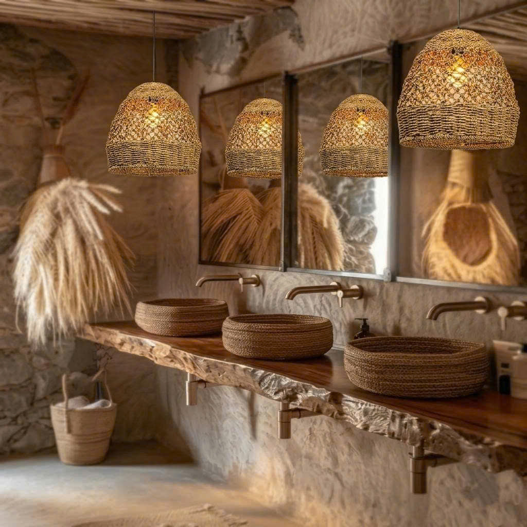 Organic woven dome pendant light for a relaxing spa-like resort bathroom atmosphere