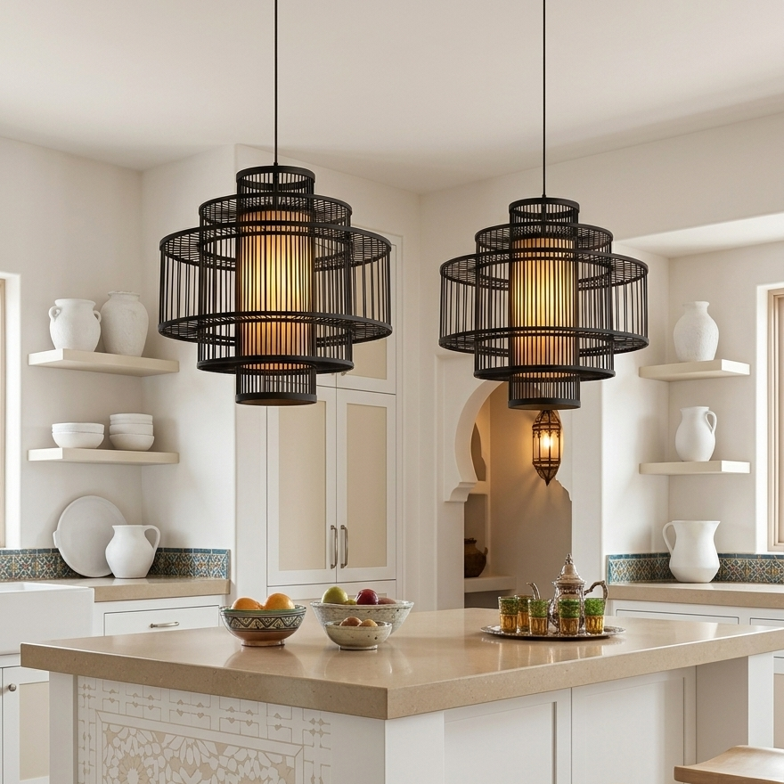 Statement bamboo pendant light for kitchen island counters with architectural elegance