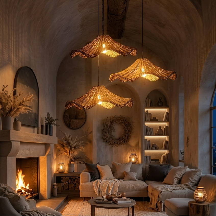 Statement organic shape pendant light elevating the living room design aesthetic