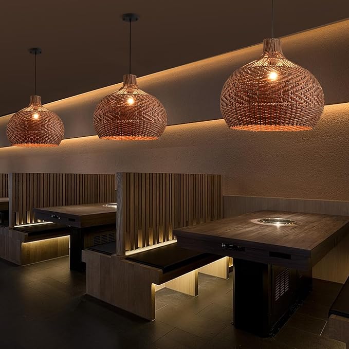 Statement rattan pendant light creating warm ambiance in a cafe
