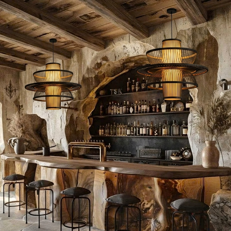 Statement woven bamboo bar ceiling lamp adding an artisanal touch to wine bar decor